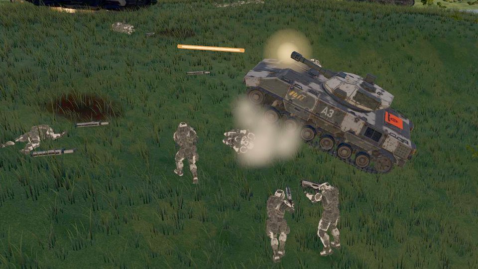 A tank and infantry on a hillside under fire.