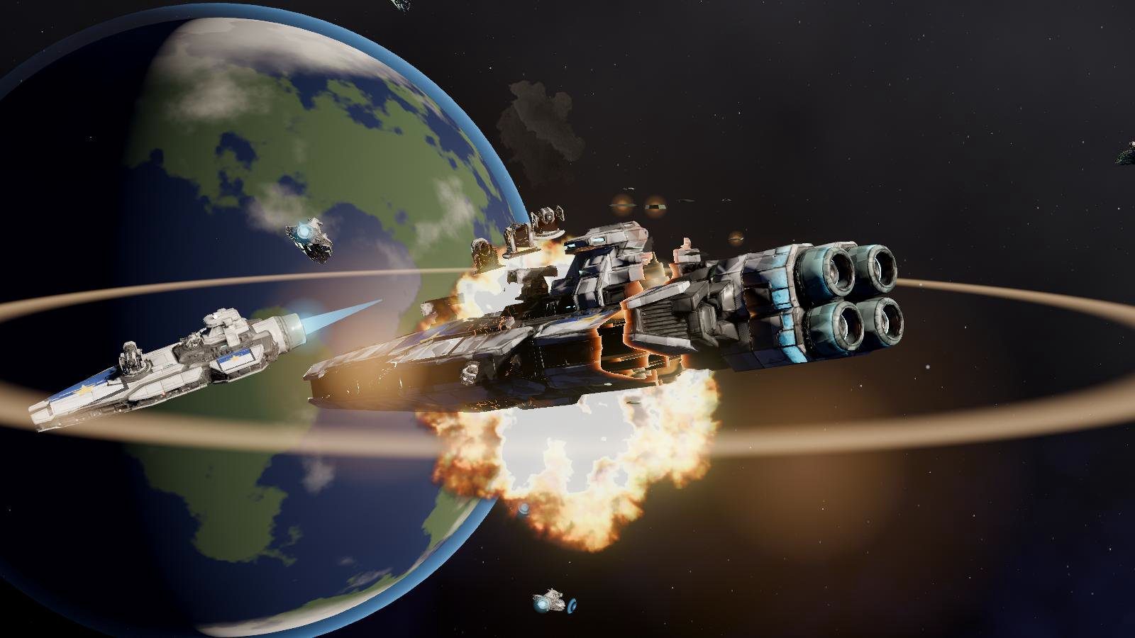 A warship fires in front of a planet as an enemy ship explodes.