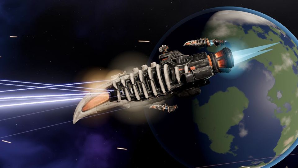 A warship fires its beams with a planet behind it.