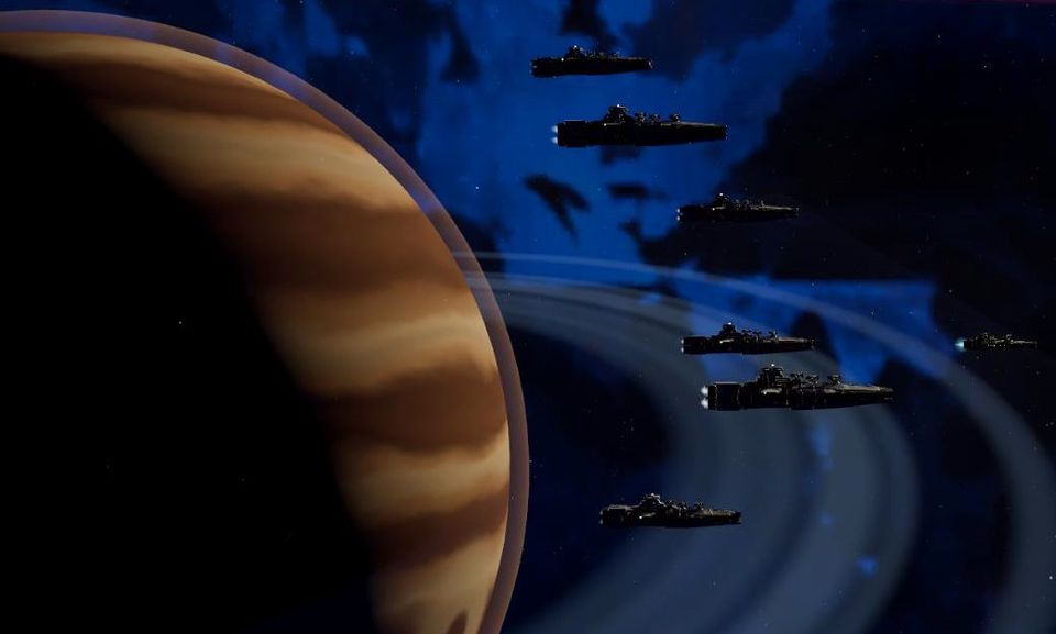 A fleet in silhouette beside a ringed gas giant.